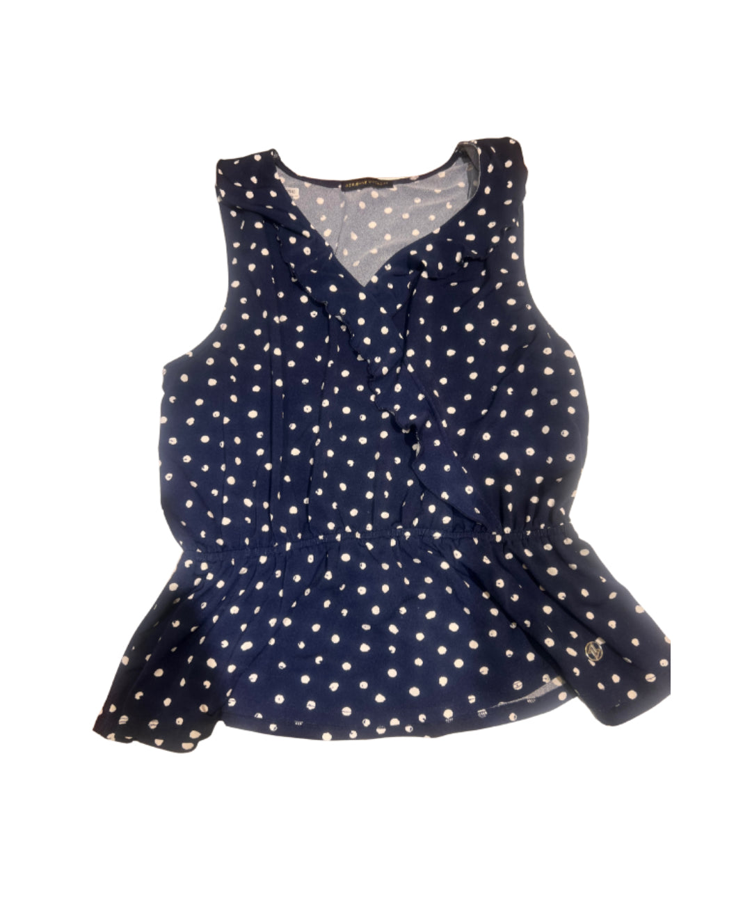 Adrienne Vittadini Navy Polka Dot Ruffle Peplum Blouse – Size Large