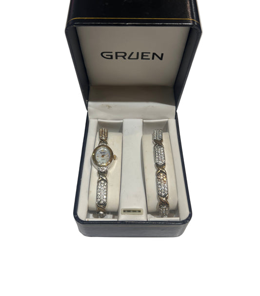 Gruen Gold & Crystal Watch + Matching Bracelet Set