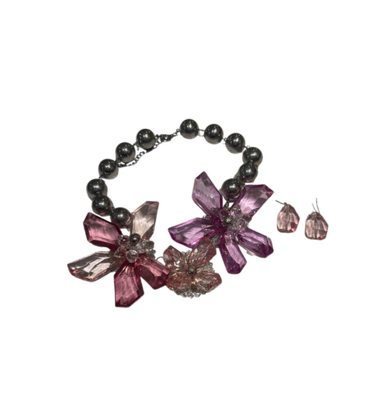 Pink Crystal Floral Statement Necklace & Earring Set